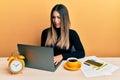 Young hispanic woman working at the office with laptop clueless and confused expression Royalty Free Stock Photo