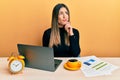 Young hispanic woman working at the office with laptop thinking concentrated about doubt with finger on chin and looking up Royalty Free Stock Photo