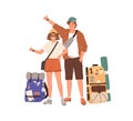 Young hitchhikers with backpacks standing and hitchhiking. Happy couple traveling by hitching. Tourists in summer casual