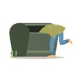 Young homeless man character looking for food in a garbage, unemployment man needing help vector illustration