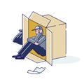 Young homeless man living on street in cardboard box. Cartoon character need help Royalty Free Stock Photo