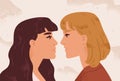 Young homosexual women in love looking at each other. Portrait of cute romantic lesbian couple. Concept of passion and