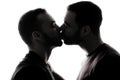 Young homosexuals shadow couple love each other on a white background.