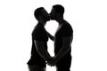 Young homosexuals shadow couple love each other on a white background.