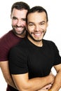 Young homosexuals gay couple love each other on a white background.