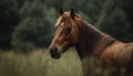 Young horse grazing in a green meadow on a farm generated by AI Royalty Free Stock Photo
