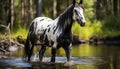 Young horse grazing in a green meadow near a pond generated by AI Royalty Free Stock Photo