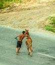 Young horse with his trainer