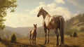 A young horse standing next an elderly one