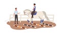 Young horseman training at equestrian school. Jockey riding horse. Trainer give lessons of horseriding. Scene of