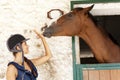 Young horsewoman with its horses in the stable Royalty Free Stock Photo