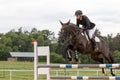 Young horsewoman is jumping on dark brown horse