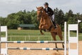 Young horsewoman is jumping over the hurdle