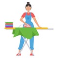 Young housekeeper, a woman ironing clothes on an ironing board. The concept of maid service. Cleaning company services