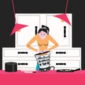 Young housewife can not cope with cooking in the kitchen, appliances are out of order, illustration