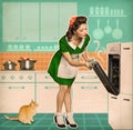 Young housewife cooking in an oven.Retro kitchen room interior