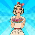 Young Housewife Holding Plate with Cupcakes. Woman Baking Cupcakes. Pop Art. Vector