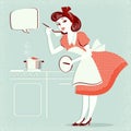 Young housewife in retro fashion dress cooking soup on old poster