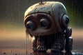 Young humanoid sad lonely robot child suffering from depression, abandoned and left to rust in the rain