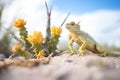 young iguana ascending small shrub in desert area