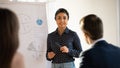 Young indian female coach present project on whiteboard Royalty Free Stock Photo