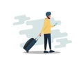 Young indian male passenger going with the baggage. Airport. Subway station. Travel. Flat illustration