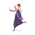 Young Indian woman performing traditional folk dance with sticks. Garba dancer dancing in ethnic clothes. Colored flat