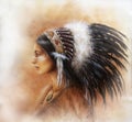 Young indian woman wearing a big feather headdress, a profile p