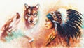 Young indian woman wearing a gorgeous feather headdress, with wolves Royalty Free Stock Photo