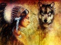 Young indian woman wearing with wolf and feather headdress, painting collage.