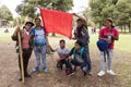 Young indigenous men gathered in the Parque del Arbolito during the Fall anti-government protests of October 2019 Royalty Free Stock Photo