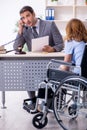 Young injured woman and male lawyer in the courtroom