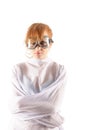 Young insane woman with straitjacket with pilot glasses Royalty Free Stock Photo