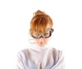 Young insane woman with straitjacket with pilot glasses Royalty Free Stock Photo
