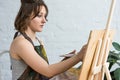 Young inspired girl working by easel