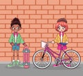 young interracial teenagers girls with bicycle and skateboard characters Royalty Free Stock Photo