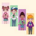 young interracial teenagers kids using smartphones characters