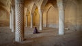 Young Iranian girl in prayer hall of Vakil Mosque with columns, Shiraz, Iran