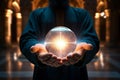 a young islamic man holding a glowing ball in a mosque, islamic background. The concept of unlimited faith in Allah Almighty. No