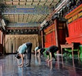 Japanese ballet dancers practice performance in an aciant temple in Japan