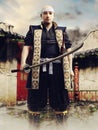 Japanese warrior with a long sword in a monastery courtyard