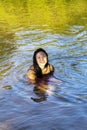 Young Japanese Woman Sitting River Dress Smiling Royalty Free Stock Photo