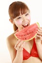 Young Japanese woman wearing bikini with watermelon