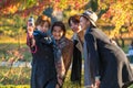 Young Japanese women taking selfie in Kenrokuen Garden, Japan