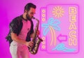 Young jazz musician playing the saxophone in neon light with neon sign