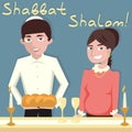 Young jewish couple welcoming shabbat - vector cartoon illustra