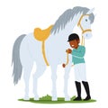 Young Jockey, Adorned In Colorful Racing Gear, Affectionately Tends To His Spirited Horse, Their Bond Evident, Vector