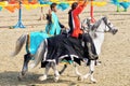 Young knights horseback riding on purebred horses Royalty Free Stock Photo