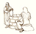 Christ and the Samaritan Woman at the Well. Pencil drawing Royalty Free Stock Photo