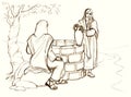 Christ and the Samaritan Woman at the Well. Pencil drawing